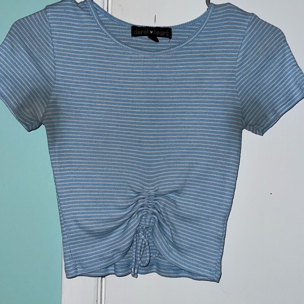 derek heart blue white stripe scrunch tie crop top